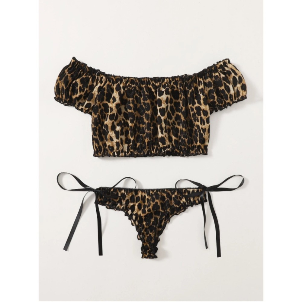 Large Leopard Off The Shoulder Side-Tie Lingerie Set